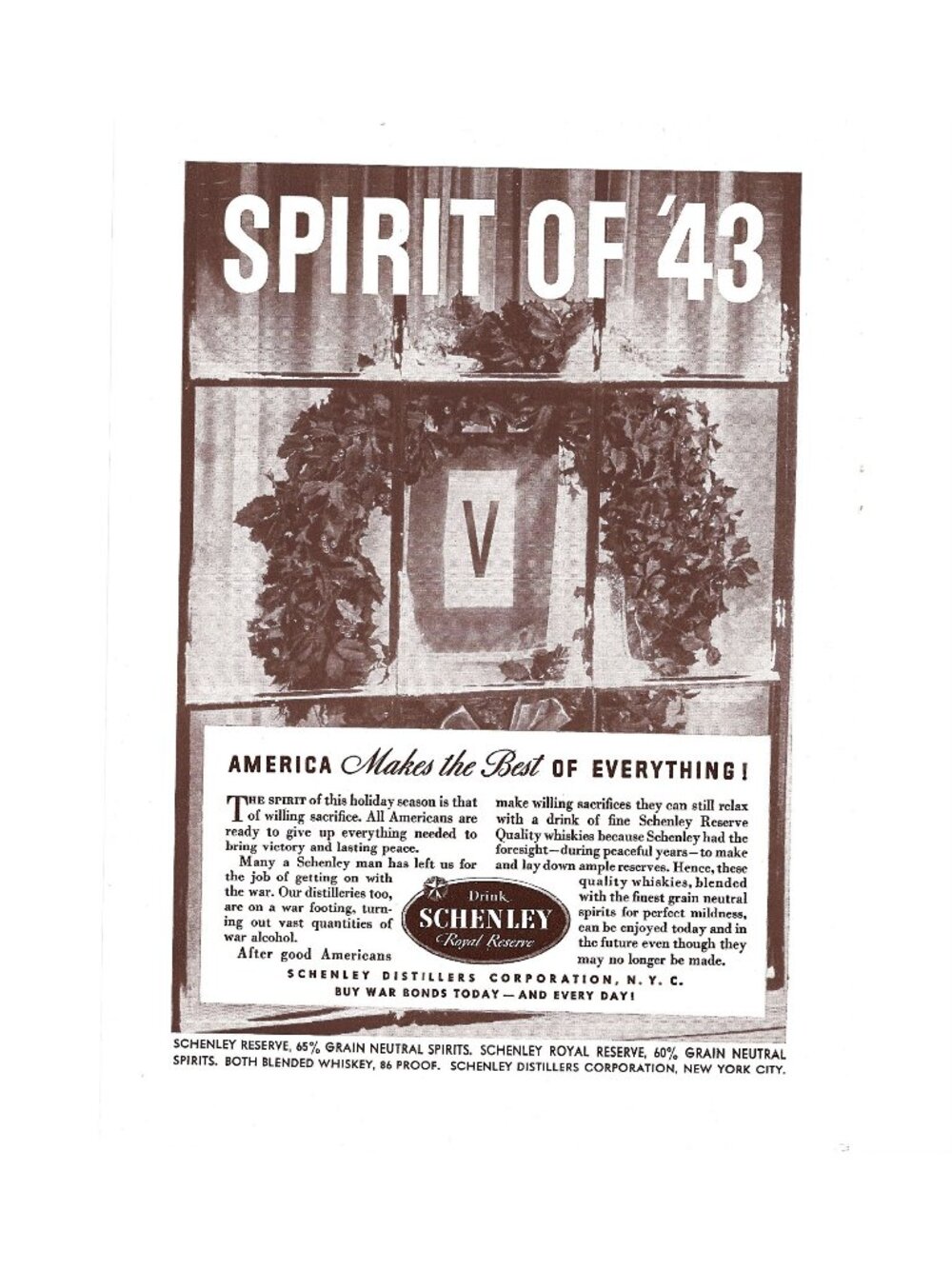 Print Ad Spirit Of 43 Schenley Whiskey America Patriotic War Bonds 1943 Vintage